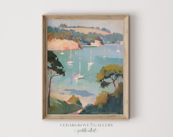 Sailboat Painting: Mediterranean Coastal Landscape Art (Digital Download)