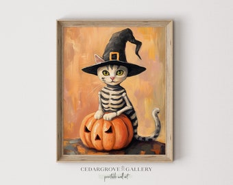 Halloween Cat Art Print | Witch, Skeleton Costume on Pumpkin (Digital Download)