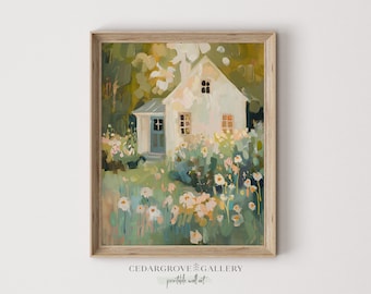 Cottage Landscape Print: Spring Meadow Painting (Digital Download)