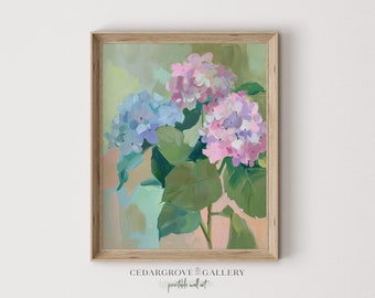 Blue & pink Hydrangea print | Botanical wall art | Pastel colors | Floral room decor | Romantic cottage | Spring PRINTABLE Digital download