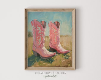 Pink cowboy boots painting | Western wall art | Cowgirl room decor | Retro Southwestern decor | Apartment decor | PRINTABLE Digital download