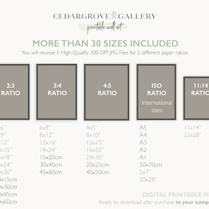 May include: A graphic showing 5 different paper ratios for printable wall art. The ratios are 2:3, 3:4, 4:5, ISO, and 11:14. The graphic includes a list of common print sizes in inches and centimeters for each ratio. The text reads "More than 30 sizes included. You will receive 5 High-Quality 300 DPI JPG Files for 5 different paper ratios. Digital Printable Files! Ready to download after purchase to your computer!"