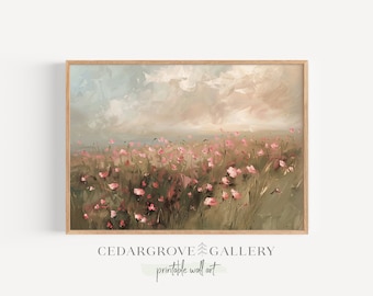 Kustprint met wilde bloemen, landschapsschilderkunst, boerderijmuurkunst, roze bloemen en zee, fris zomerdecor, AFDRUKBARE kunst.