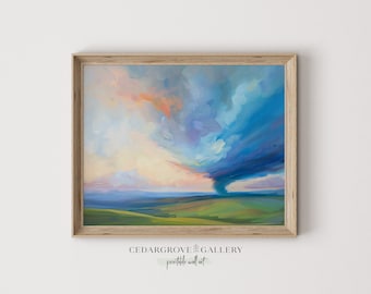 Tornado Landscape Painting: Blue Storm Clouds Art (Instant Download)