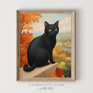 Printable Black cat fall landscape wall art | Rustic fall decor | Spooky Cute painting  | Autumn Bright colors print | Digital download