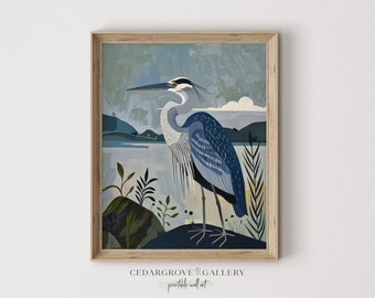 Blue Heron wall art | Bird Landscape print | Heron wall art | Japanese decor | minimalist painting decor | Digital download