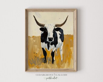 Longhorn Cow Painting: Minimalist Farmhouse Art Print (Digital Download)