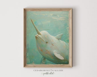 Narwhal Pastel Painting: Vintage Ocean Art Print (Digital Download)