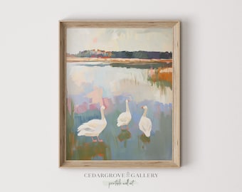 Art mural imprimable Oies | peinture de paysage de lac de canard blanc | Décoration de ferme moderne | Campagne sereine | Téléchargement numérique