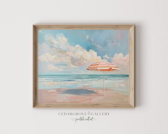 Parasol beach landscape | printable beachy wall art | Teen girl room decor | Pastel colors painting | Soft pastels sea | INSTANT DOWNLOAD