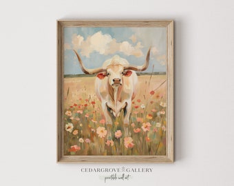 Longhorn cow floral landscape painting | Southwestern decor | Pastel colors | Animal art | Apartment decor | PRINTABLE digital download