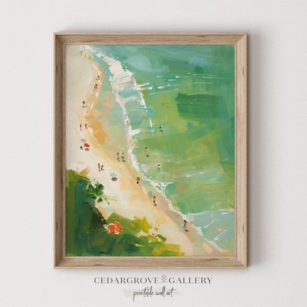 Aerial Beach print | Coastal landscape decor | Turquoise waters wall art | Retro seascape painting | Seaside pastel colors | PRINTABLE art