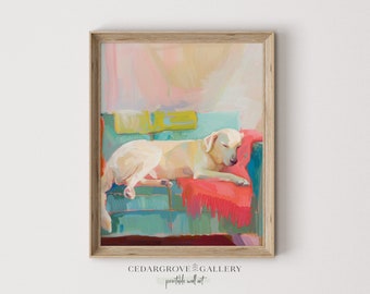 Könnte beinhalten: Gerahmter Kunstdruck eines schlafenden gelben Labrador Retrievers auf einem türkisfarbenen Sofa mit einer roten Decke. Der Hintergrund zeigt abstrakte Pinselstriche in Rosa, Gelb und Pfirsich. Der Druck stammt von Cedar Grove Gallery.