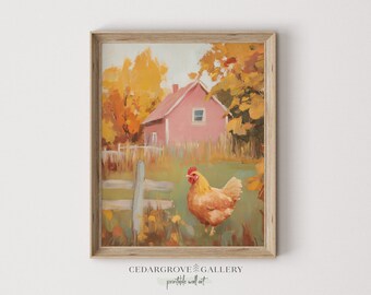 Fall Chicken Cottage Print: Pink House Landscape (Digital Download)