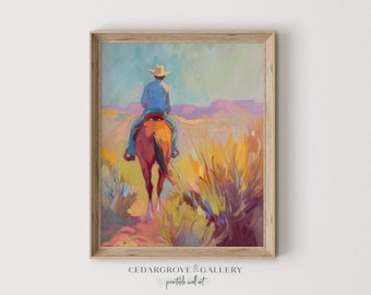 Cowboy landscape wall art | Colorful Arizona painting | Southwest decor | Western landscape cowboy painting | Old west poster PRINTABLE