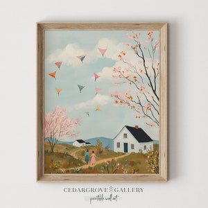 Puede incluir: Una ilustración enmarcada de una casa blanca con una puerta verde, rodeada de árboles con flores rosas y un cielo azul con cometas de colores volando. Dos figuras caminan por un sendero en primer plano.