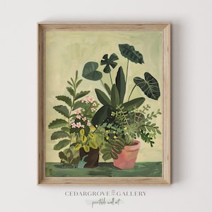 May include: A digital painting of a collection of potted plants with green leaves and pink flowers against a light green background. The plants are in terracotta pots.