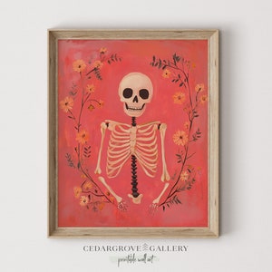 Afdrukbare bloemenskeletkunst aan de muur | Leuk kleurrijk Halloween-schilderij | Girly decor schedel | Dia de los muertos | Digitale download anatomie