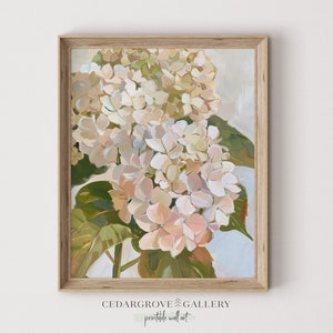 May include: A painting of a cluster of pale pink and white hydrangeas with green leaves. The flowers are painted in a loose, impressionistic style.