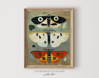 Moths wall art | butterfly painting | Nature insects | Retro pastel tones | Printable digital download