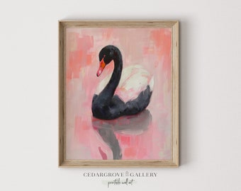 Cute black Swan painting | Girly wall art | Pink and Black | Preppy wall art | Mid-century style |  Retro Style | PRINTABLE download