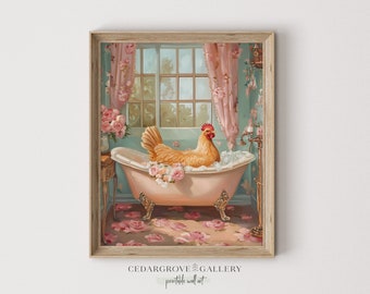 Huhn in der Badewanne Poster: Vintage Badezimmer Dekor (Digitaler Download)