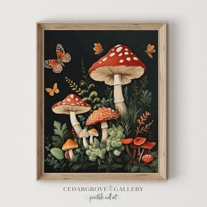 Mushroom forest Decor | Dark Cottagecore wall art | Botanical painting | Woodland Fungus moss | print |  | PRINTABLE Digital download