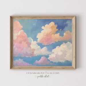Könnte beinhalten: Ein Gemälde eines blauen Himmels mit flauschigen weißen und rosafarbenen Wolken. Das Gemälde ist in einem hellen Holzrahmen gerahmt. Der Text "CEDARGROVE GALLERY printable wall art" befindet sich am unteren Rand des Bildes.