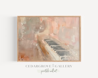 May include: A painting of a piano in a soft, muted color palette of pink, beige, and gray. The piano keys are visible in the foreground, and the painting has a dreamy, ethereal feel.