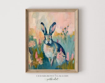 Cute rabbit and flowers painting | Pastel colors wall art | Animal poster | Colorful landscape home decor | Retro Style | PRINTABLE download