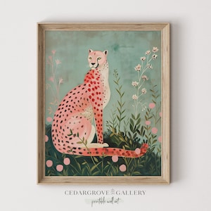 May include: A pink cheetah with black spots sits in a field of green plants and pink flowers. The background is a light blue color.