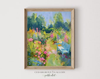 Bloementuin kunst aan de muur | Kleurrijk bloemenschilderij | Romantisch huisjedecor | Wanddecoratie lentelandschap | AFDRUKBARE directe download
