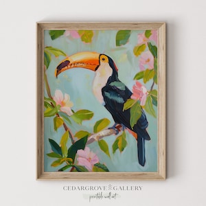 Toucan wall art | Tropical bird Landscape art print | Toucan flower tree painting | Tropical home decor | Digital download