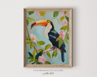 Toucan Art Print: Tropical Bird Painting, Floral Tree (Digital Download)