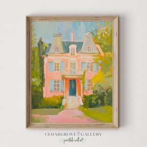 Puede incluir: Una pintura de una casa rosa con molduras blancas y una puerta azul. La casa tiene un porche grande con una barandilla blanca y un césped verde en frente. La casa está rodeada de árboles y arbustos.