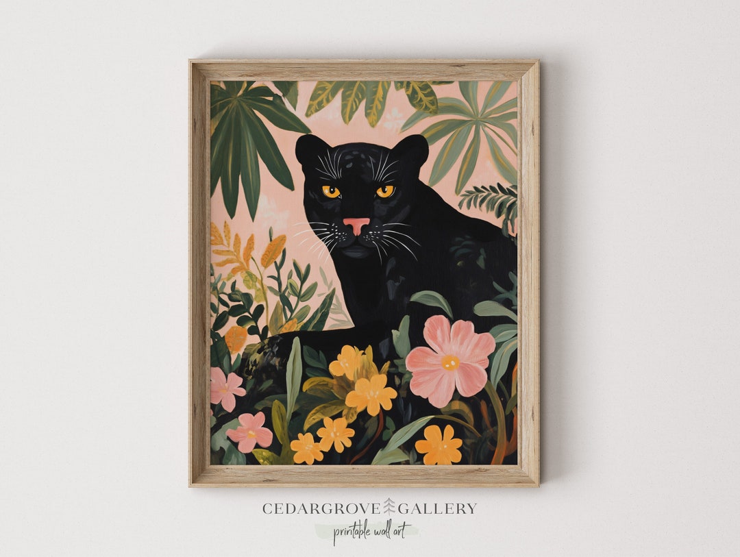 Black Panther Jungle Art Print: Pastel Floral Animal Painting (digital ...