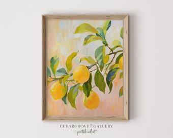 May include: A painting of a lemon tree branch with yellow lemons and green leaves against a pink and white background.