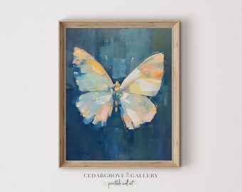 Printable minimalist butterfly wall art | modern deep blue butterfly decor | Moody painting | Digital download