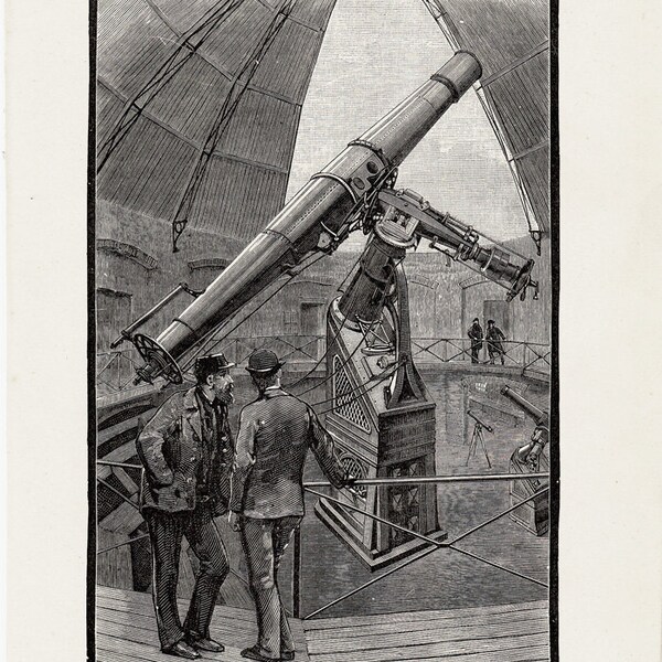 1890 Antique TELESCOPE print, the great Vienna Telescope