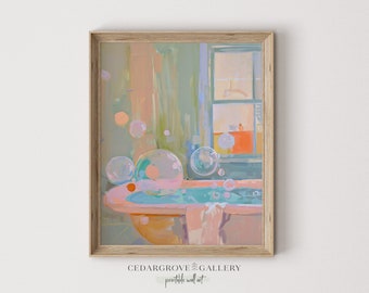 Cozy Bathtub Bubbles Art Print: Pastel Bathroom Decor (Digital Download)
