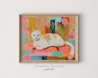 Cat painting | Colorful cat printable wall art | Dopamine decor | Coquette decor | Naive bedroom decor | Digital download