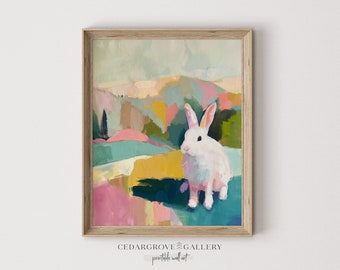 Printable white bunny painting | Rabbit colorful landscape | Retro style | Girly room decor | Poster art | Animal Art | Digital download