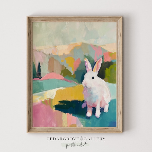 Printable white bunny painting | Rabbit colorful landscape | Retro style | Girly room decor | Poster art | Animal Art | Digital download