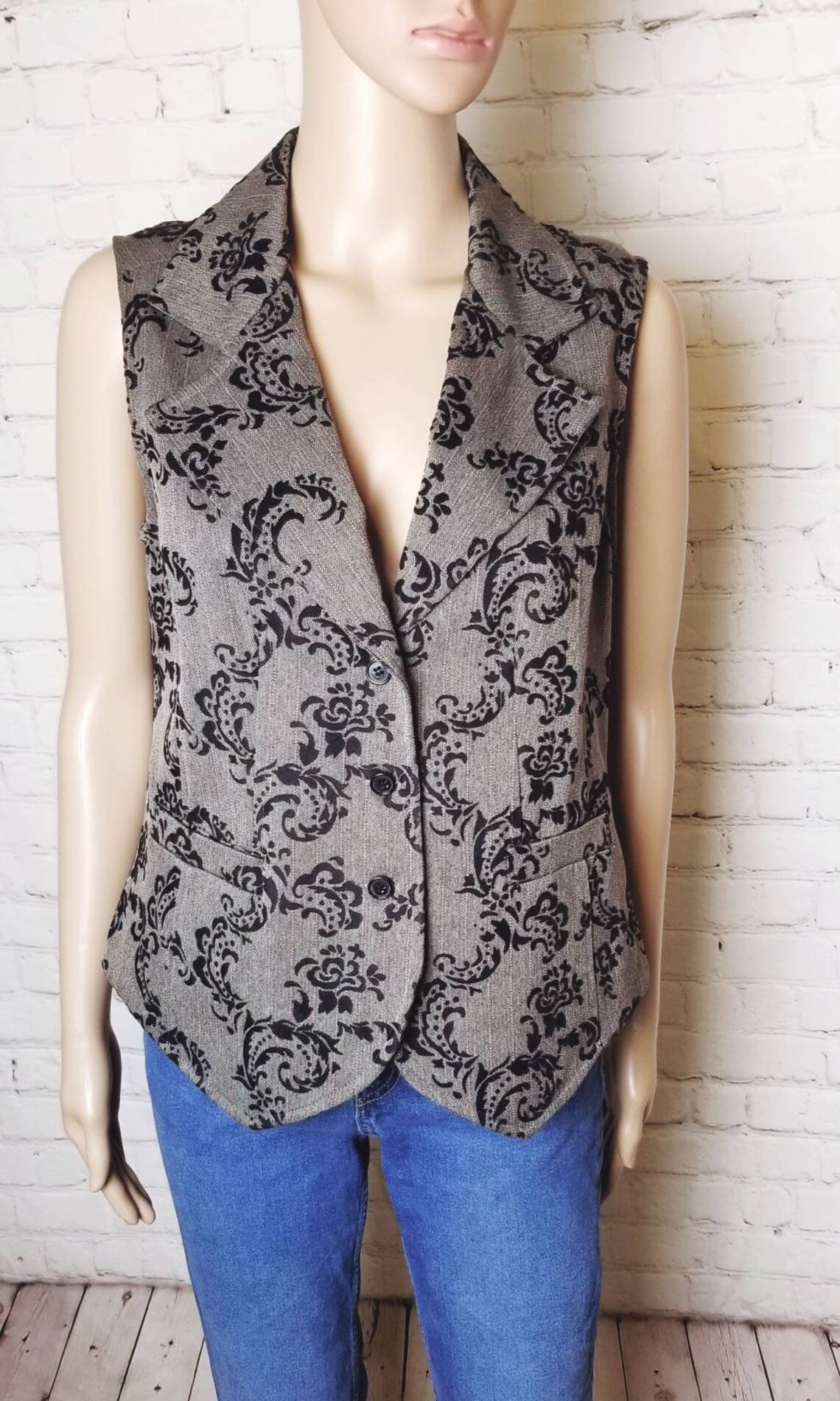 Grey brown tailored button vest with velvet paisley design / Etsy