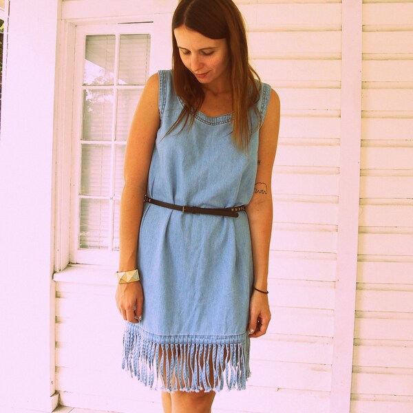 SALE Sleeveless Denim Chambray Dress with Fringe