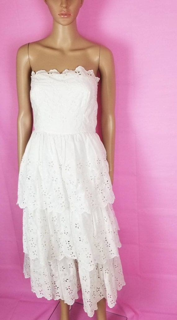 white floral eyelet tiered strapless cotton maxi d