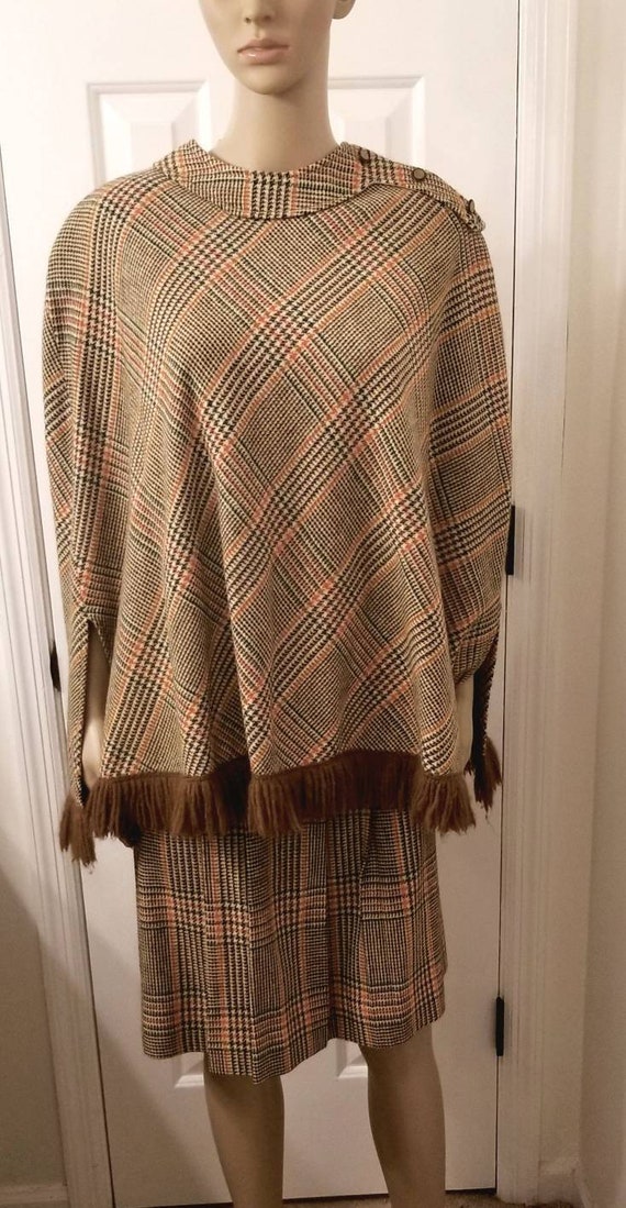 plaid wool poncho and skirt set / 60s plaid cape a