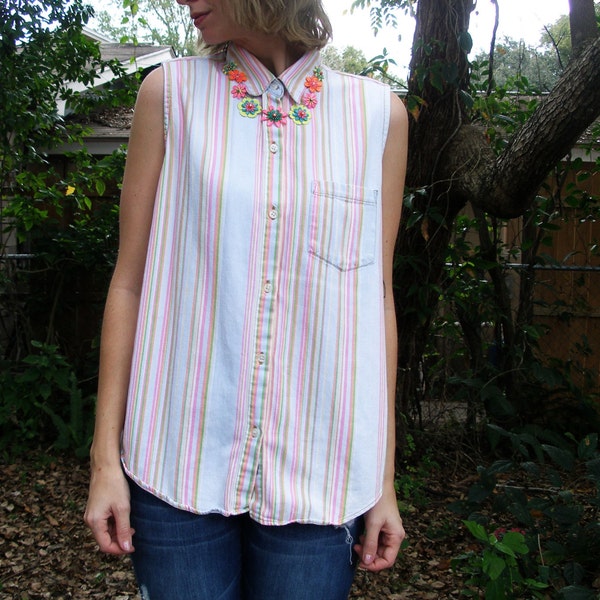 SALE Oversize Sleeveless Chambray Button Up Top with Neon Rainbow Stripes