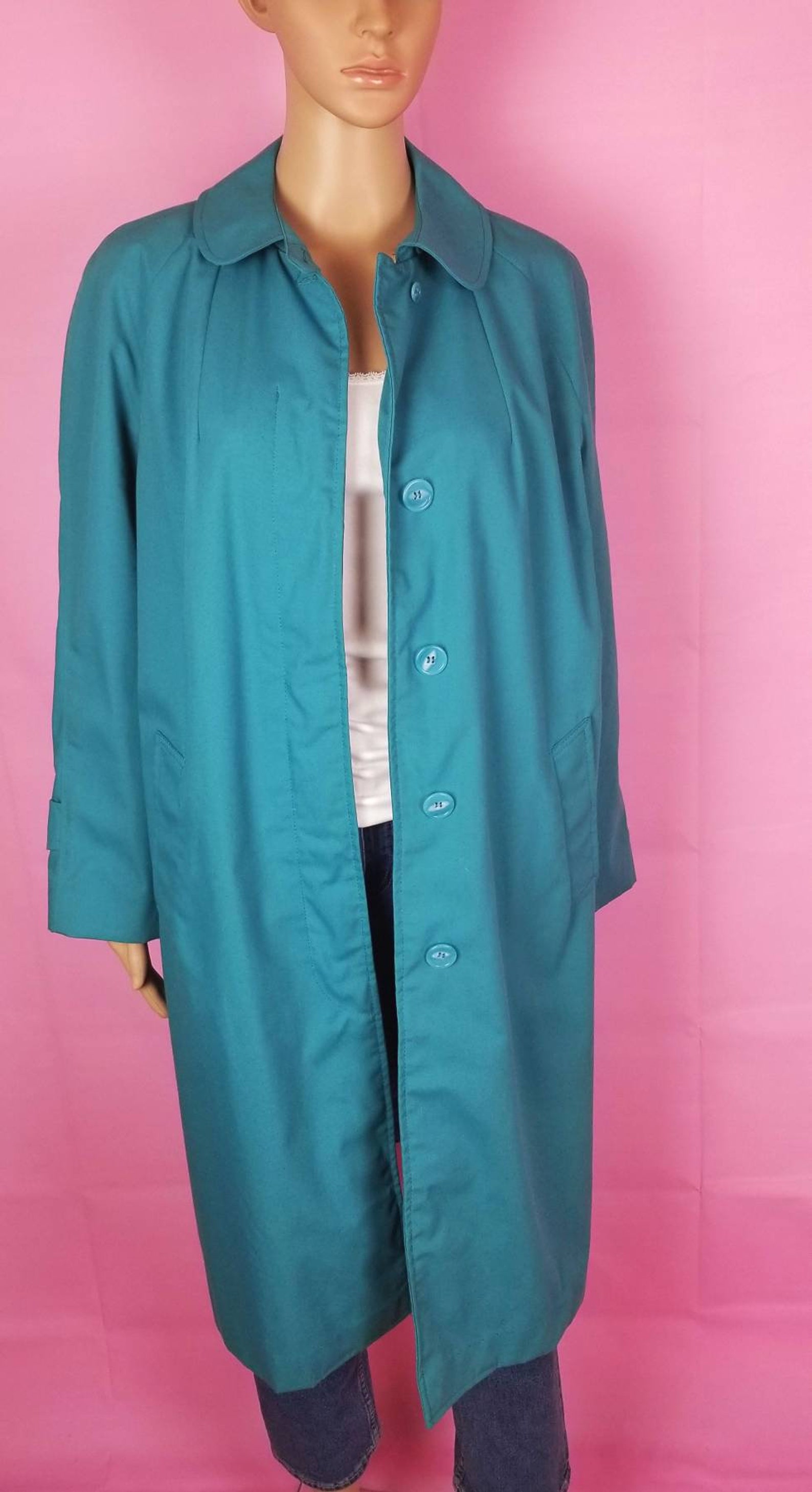 SEARS teal trench coat with pockets / 70s long cotton trench / | Etsy