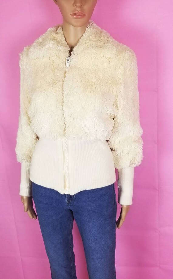 cream fur bomber jacket with collar, ribbed waist